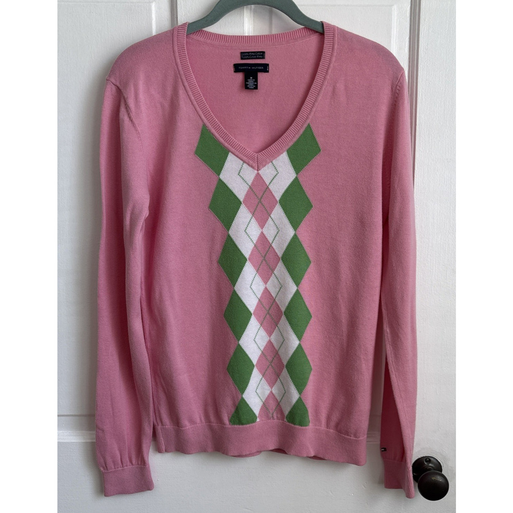 Tommy Hilfiger Pink Argyle Pima Cotton V-Neck Sweater Womens Medium RN77806